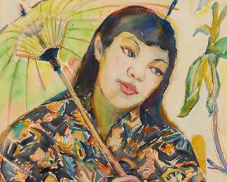 2084 Donna Schuster (1883-1953) "Oriental Umbrella" Watercolor on paper Signed in pencil lower right: Donna Schuster; titled on two typed labels affixed to the frame's backing paper Sight: 18 x 14 1/2in Estimate: $600 - $800