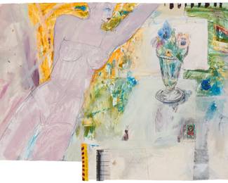 2173 Royal Nebeker (1945-2014) "Figure and Flowers" Mixed media, including watercolor, acrylic, pencil, and collage on paper Signed lower right: Royal Nebeker; titled by repute 28.5 x 38.5in (irreg.) Estimate: $200 - $300