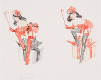 2007 20th Century Illustration School "Santa Clause Bettie" (Bettie Page) Watercolor on paper Appears unsigned; inscribed in pencil lower left: "Santa / Clause is coming to town / she knows when you are good / checkin' it twice / Naughty or Nice"; titled on a label affixed to the frame's backing paper Sight: 16 x 18in Estimate: $300 - $500