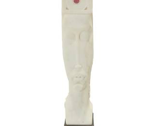 2185 Bela Bacsi (b. 1950) "Temple" Carved Carrara marble on steel base and enameled wood plinth Incised signature: BASCI With associated pedestal Marble: 21" H x 3.875" W x 7.5" D; With metal: 26" H x 4" W; Plinth: 32" H x 12" W x 12" D Estimate: $400 - $600