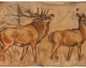 2066 In the manner of Carl Rungius (1869-1959) Elk bugling Watercolor on light brown paper Bears signature lower right: C. Rungius Sheet: 10 x 14 7/8in Estimate: $1,000 - $1,500