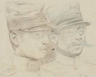 2117 Attributed to Edouard Jean Baptiste Detaille (1848-1912) Two soldiers Pencil and colored pencil on paper Signed with initials in pencil lower right: ED Sight: 5 3/8 x 5 1/2in Estimate: $100 - $200