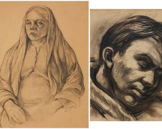 2115 Alex Ignatiev (1913-1995) Seated woman Charcoal on paper Signed, dated, and inscribed lower right: A. Ignatiev / 1945 / "Mexico City" Sight: 21 x 17in "Justin Asleep" Charcoal on board Signed, titled, and inscribed with an address, all verso: Alex T. Ignatiev Sight: 17 3/4 x 13 3/4in Estimate: $400 - $600