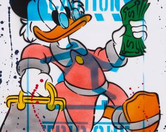 2368 Trip One (21st Century) Caution (Scrooge McDuck) Spray paint and stencil on canvas Appears unsigned Sight: 23 3/4 x 17 3/4in Estimate: $200 - $300