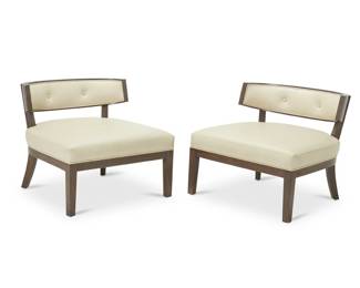 2316 A pair of Modern leather slipper chairs Early 21st century With tag to underside inscribed: Mando's Furniture, Inc. In the manner of William "Billy" Haines (1900-1973), each with crescent back, upholstered in beige leather 2 pieces Each: 27.25" H x 31" W x 29" D Estimate: $200 - $400