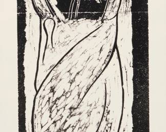 2342 Jaume Plensa (b. 1955) Composition, circa 1985 Linocut (or possibly woodcut) on paper Edition: 15/20 Signed and numbered in pencil in the lower margin: Plensa Image: 26 x 23 1/4in; Sight: 31 1/2 x 16 7/8in Estimate: $150 - $250