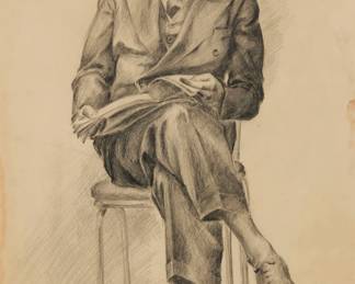 2114 Duval Eliot (1909-1990) "The Audition," 1938 Pencil on paper Signed and inscribed in pencil lower right: Henniger Sept 20 / Duval Eliot; dated again, titled, and numbered in ink, all presumably by the artist, on a label affixed to the frame's backing board: "LPD-107 / 'The Audition' / Sept. 20, 1938" Sight: 33 1/2 x 21 1/2in Estimate: $400 - $600