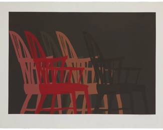 2306 Arnold Mesches (1923-2016) Chairs, 1969 Screenprint in colors on BFK Rives paper From the edition of unknown size Signed and dated in pencil in the lower margin, at right: Mesches Image: 24 x 36in; Sheet: 29 1/2 x 41 1/4in Estimate: $200 - $400