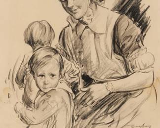 2088 Burris Jenkins Jr (1897-1966) "Bundles of Heroes for Britain," World War II poster, 1941 Charcoal on paper Signed, titled, dated, and inscribed in pencil lower right: Burris Jenkins / 41 / "London" / "Are these / bomb-shocked children sent to / special nursing homes to be / taught to walk, talk, and eat / all over again!" Sight: 15 3/4 x 12 1/2in Estimate: $200 - $400
