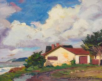 2408 Peter Nielsen (1873-1965) "California House and Coast (Morro Bay)" Oil on canvas Signed lower right: Peter Nielsen; titled on a gallery label affixed to the frame's backing board 12 x 16in Estimate: $1,000 - $1,500