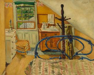 2093 Saul Kovner (1904-1982) "Attic Bedroom" (After Vincent Van Gogh), 1930 Oil on canvas Signed and dated upper right; Saul 30; titled on a label affixed to the frame's verso 16 x 20in Estimate: $600 - $800
