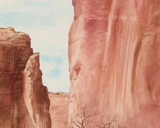 2064 Mark Silversmith (b. 1954) Native American on horseback near Canyon de Chelly Watercolor on paper Signed lower right: M. Silversmith ©; signed again as part of ink dedication on the frame's backing paper: 1/11/86 / John - / The Santa Monica Show / Thank you very much for appreciating my work and you deserve to have this piece of art - Enjoy / God Bless you / Mark Silversmith © Sight: 13 3/8 x 9 1/4in Estimate: $300 - $500