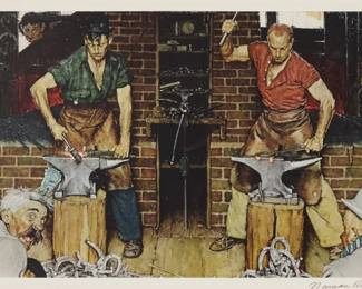 2227 After Norman Rockwell (1894-1978) "Horseshoe Forging Contest" Photomechanical reproduction, possibly collotype, in colors on paper Edition: 172/200 Signed with the artist's name and numbered in pencil in the lower margin, possibly in another hand Image: 12 1/2 x 25in; Sight: 13 1/2 x 26 1/4in Estimate: $700 - $900