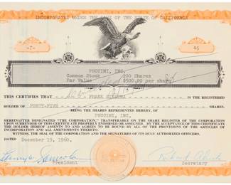 2244 A Puccini stock certificate issued to Frank Sinatra Dated December 19, 1960, with cancellation dated 12/15/61 Made out for 45 shares of Puccini Inc., mounted to a foam-core backing Document: 6.5" H x 9.75" W; Mounted: 11" H x 14.25" W x 0.375" D Estimate: $300 - $500