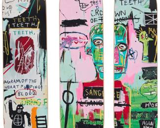 2278 After Jean-Michel Basquiat (1960-1988) A skateboard deck triptych after "In Italian" (1983) by The Skateroom, early 21st century From the open edition originally released 2014 Each top printed: THE SKATEROOM / X / [Jean-Michel Basquiat signature] ® Screen-printed skateboards 3 pieces Each: 31.75" L x 8" W Estimate: $300 - $500