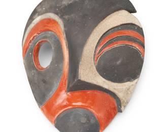 2022 A Frank Matranga ceramic mask Late 20th century Incised signature to left side: Matranga Glazed ceramic 14" H x 10.625" W x 3.5" D Estimate: $50 - $100