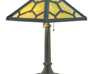 2096 An American slag glass table lamp Early/mid-20th century Unmarked The three-light lamp with enameled metal base and shade lined with glass, electrified Lamp: 21.375" H x 9" Dia.; Shade: 6.25" H x 18.5" W x 16.25" D Estimate: $500 - $700