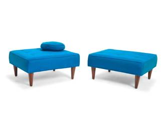 2317 A pair of Modern upholstered ottomans Mid-20th century Each unmarked With original tufted upholstery and matching throw pillow 3 pieces Each: 14.5" H x 29" W x 25.5" D Estimate: $100 - $200