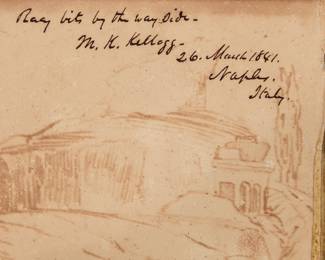 2312 Minor Kilbourne Kellogg (1814-1889) Italian Sketchbook, 1841 Pencil and ink on various colored papers bound along one edge Signed, inscribed, and dated in ink on the inside cover: M.K. Kellogg - 26 March 1841. / Naples. / Italy; many sketches with titles, inscriptions and dates, primarily landscape and/or architectural subjects, as well as a few figure studies Approximately 23 sketches Together with a separate folded paper with two maritime sketches, unsigned; and a possibly unrelated 1905 postcard sent from San Juan, Puerto Rico. Sheet of each: 5 1/4 x 7 7/8 in (or opposite) Estimate: $400 - $600