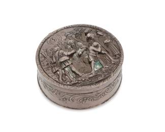 2043 A German Hanau .800 silver snuff box Early 20th century With Hanau marks for 800 silver and Ludwig Neresheimer (after 1903) The lid with repoussé orientalist figural scene and gilt washed interior 1.25" H x 2.625" Dia. 2.4 oz. troy approximately Estimate: $200 - $300