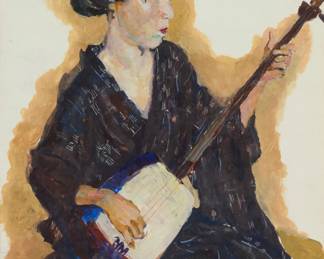 2102 Willem Dooyewaard (1892-1980) "Geisha with Shamisen," 1931 Gouache on illustration board Signed, dated, and inscribed in ink, lower right: W. Dooyewaard / 1931 / "Kyoto (Japan)"; titled on a typed label affixed to the frame's backing paper Sight: 20 1/2 x 16 3/4in Estimate: $1,000 - $1,500