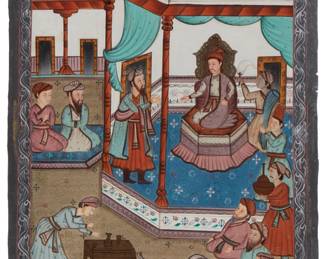 2025 A Mughal Empire painting on black cloth 16th century/19th century Gouache on black cloth with red and white outlined and patterned margins 45" H x 34" W Estimate: $300 - $500