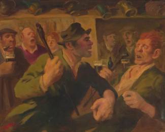 2133 Edward Hynes (1897-1982) Irish bar fight Oil on canvas laid to board Signed lower left: E. Hynes 15 3/4 x 19 1/2in Estimate: $500 - $700