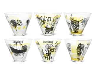 2290 Susan Stinsmuehlen-Amend (b. 1948) A set of six martini glasses, late 20th/early 21st century Each acid-etched to underside: 55-A With fused pictorial decals 6 pieces Each: 3.625" H x 4.5" Dia. Estimate: $200 - $400