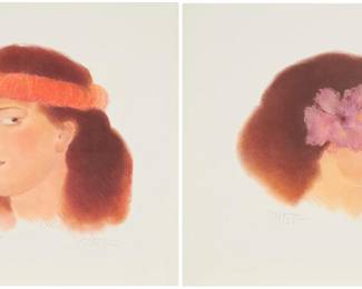 2233 Pegge Hopper (b. 1936) "Women of Hawaii" portfolio, 1985 Two offset lithographs in colors on wove paper and the accompanying hardback book Edition:432/500 The complete set of two offset lithographs in colors each signed and inscribed in pencil in the lower margin: P Hopper / "Ed./500," each loose as issued, presented within the original pink paper protective folder; together with the gray linen-covered hardback book and slipcase, "Women of Hawaii," signed and numbered in ink on the justification page: P. Hopper/432; all contained within the original pink paper and white fabric-covered portfolio box with stamped gold title on the spine; Toppan Printing Co., Tokyo, Japan, prntr.; Winn Books, Seattle, WA, pub. Image of each offset lithograph: 12 1/2 x 12 1/2in; Sheet of each offset lithograph: 18 1/2 x 18 1/2in Estimate: $400 - $600