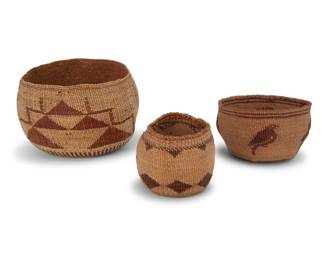 2036 Three Klamath/Pit River polychrome baskets Early/mid-20th century Each twined basket with imbricated designs 3 pieces Largest: 4.75" H x 7" Dia.; Smallest: 3.25" H x 4.25" Dia., irregular Estimate: $200 - $300