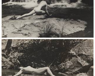 2226 Paul Neverburg (20th Century) Two works: "Wood Nymph," and "Morning Siesta" Each: Photograph on paper affixed to a matboard mount, as issued Each from the edition of unknown size and date Each signed and titled in ink on a label affixed to the verso of the mount Image/Sheet of each: 10 3/4 x 13 1/2in; Mount of each: 20 x 16in Estimate: $200 - $400
