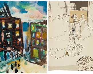 2136 John Miller (b. 1954) Two works: "#4 Laundry" Watercolor and ink on paper Appears unsigned; titled by repute Image/Sheet: 12 x 8 7/8in "#26 Tenement" Ink, transfer shading, and touches of gouache on paper Appears unsigned; titled by repute Image/Sheet: 12 x 9in Estimate: $200 - $300