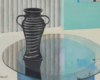 2390 20th Century American Modernist School Modernist still life with a vase and platter Signed lower left: Dombrowski Oil on canvas 18 x 24in Estimate: $400 - $600