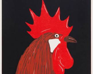 2333 David Shrigley (b. 1968) "I Woke You at Dawn I Make No Apology," 2024 Woodcut in colors on Somerset paper Edition: 17/30 Signed with initials, dated, and numbered in pencil in the lower margin: DS 2024; titled as part of the image; Schäfer Grafik, Copenhagen, Denmark, pub. Image: 16 1/2 x 12 1/4in; Sheet: 20 3/4 x 15 7/8in Estimate: $600 - $800