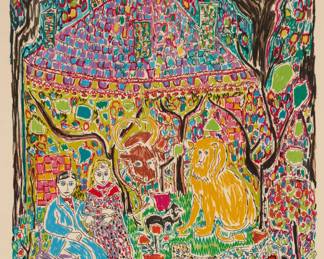 2300 Gloria Vanderbilt (1924-2019) "Peaceable Kingdom" Lithograph in colors on paper Edition: 83/300 Signed and numbered in pencil in the lower margin: Gloria Vanderbilt Image: 24 x 20in; Sight: 26 x 21 1/4in Estimate: $500 - $700