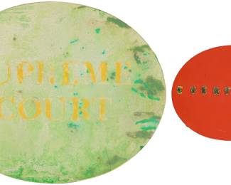 2158 Marc Pally (b. 1946) Two works: "Supreme Court," 1989 Oil on shaped canvas Signed and dated in pencil, verso: Marc Pally © 1989 16 x 20in "Everything," 1991 Acrylic on canvas with applied letters Signed, titled, dated, and inscribed in pencil, verso: Marc Pally / 1991 / "for / Bob & Mary / X-Mas 1991" 8 x 10in 2 pieces Estimate: $200 - $300