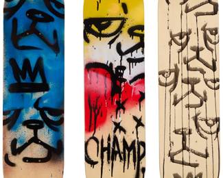 2280 After Jean-Michel Basquiat (1960-1988) A skateboard deck triptych after "Charles the First" (1982) by The Skateroom, early 21st century From the open edition Each printed: [crown] / THE BEAR CHAMP © Screen-printed skateboards 3 pieces Each: 31.75" L x 8" W Estimate: $300 - $500
