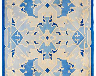 2386 A Contemporary blue and white wool rug 20th century, designed by Robert Clement for Sanders & Clement With tags reverse: Custom Designed by Robert Clement / Sander & Clement / Los Angeles, Calif. / MITIN / Smoothproofed for life / RN 20363 14' 10" L x 10' 6.5" W Estimate: $400 - $600