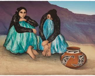 2236 R.C. Gorman (1932-2005, Navajo/Diné) "Chinle" 1982 Lithograph in colors on paper An artist's proof, aside from the edition of 225 Signed, dated, and inscribed "A/P" in pencil, in the lower left and lower right corners: R. C. Gorman 1982; with the artist's blindstamp lower left; Ben Q. Adams, prntr.; Western Graphics Workshop, Albuquerque, NM, prntr. and pub., with their blindstamp lower left Image/Sheet: 26 1/2 x 36in Estimate: $200 - $300