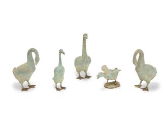2146 A group of five patinated bronze garden birds Late 20th century Comprising three geese and two ducks 5 pieces Tallest geese: 26.25" H x 19" W x 9" D; Smallest duck: 9.5" H x 15.5" W x 11.25" D Estimate: $500 - $700