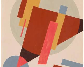 2155 In the manner of Nicolai Suetin (1897-1954) Suprematist geometric composition, circa 1920 Oil on paperboard Bears signature and date in Cyrillic with very pale yellow pigment along the far right portion of the extreme lower edge: Suetin 20r; with a mostly illegible Russian black ink stamp, verso 19 1/2 x 15 1/4in Estimate: $300 - $500