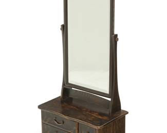 2412 A carved wood tabletop vanity 20th century, possibly Japanese The hinged mirror raised on a rectangular lacquered base fitted with drawers and a hinged compartment, decorated with incised Japanese-style motifs Mirror only: 23.5" H x 11" W; Base: 6.5" H x 15" W x 8.75" D; Overall: 30.25" H Estimate: $300 - $500