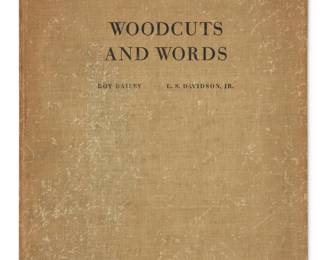 2311 Roy Bailey (1933-2002) "Woodcuts and Words" album, 1962 Edition 62/300 The complete album comprised of 10 woodcuts in colors or black and white on Kinwashi rice paper, hors-texte, each pencil signed, "R. Bailey," numbered in the lower margin, and tipped to their original Arche paper support sheets from the verso of their upper margin corners; together with the series of printed poems by L.S. Davidson, Jr., the colophon numbered "62" in red pencil, and the title pages, all on Arches paper, together with the original interleaving tissues; the album bound as issued within beige fabric-covered boards with the printed title and spine; Roy Bailey and L.S. Davidson, Jr., prntrs.; The Winter Months Press, Nantucket, MA, pub. Largest woodcut (on rice paper) sheet: 14 1/4 x 9 1/8in; Bound (Arches) sheets: 15 x 11 1/8in Estimate: $200 - $300