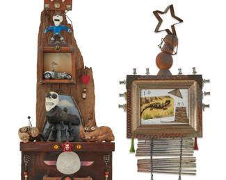 2187 Charles Villiers (b. 1951) Two assemblages Wood and mixed media The smaller signed in the frame: Villiers Larger: 18.5" H x 9" W x 4.25" D; Smaller: 17" H x 8" W x 1.625" D Estimate: $800 - $1,200
