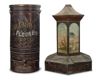 2074 Two toleware kitchen dispensers Late 19th/early 20th century Hexagonal with applied label: NORTON BROS. / REVOLVING SPICE PAGODA Comprising a Norton Brothers enameled tole hexagonal spice dispenser and a Columbia enameled metal cylindrical flour sifter 2 pieces Hexagonal: 32.5" H x 25" W x 20.5" D; Cylindrical: 27" H x 13.5" Dia. Estimate: $600 - $800