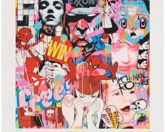 2366 Ben Frost (b. 1975) "Changing Channels," 2008 Giclee print in colors on wove paper Edition: 19/25 Signed, titled, numbered, and inscribed in pencil in the lower margin: Ben Frost / is dead - ; Stupid Krap, Sunshine Coast, Australia, pub. Image: 10 x 10in; Sheet: 13 3/4 x 12 1/8in Estimate: $300 - $500