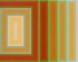 2201 Richard Anuszkiewicz (1930-2020) "Grandeur," and "Eternity," two plates from the "Inward Eye" portfolio, 1970 Each: Screenprint in colors on wove paper Each from the total edition of 500 (plus 10 collaborators' sets lettered A-J) Each plate unsigned and unnumbered (as issued); dated as part of the publisher's copyright printed verso; Edition Domberger, Stuttgart, Germany, prntr.; Aquarius Press, Baltimore, MD, pub., with their copyright printed verso Image of each: 25 1/2 x 19 5/8in; Sheet of each: 25 3/4 x 19 7/8in Estimate: $600 - $800