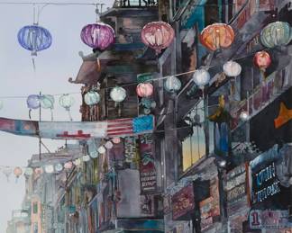 2403 John Salminen (1945-2016) "San Francisco Lanterns" Watercolor on paper Signed lower left: John T. Salminen AWS-DF NWS; signed again and titled in ink on a label affixed to the frame's backing board Sight: 37 x 24 1/2in Estimate: $300 - $500
