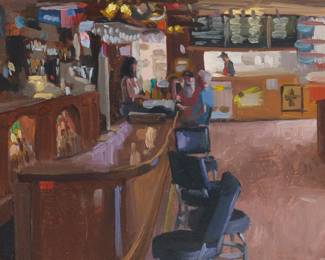2055 Billyo O'Donnell (b. 1956) "Cooks Corner" Oil on panel With the incised signature and titled lower right: Billyo; signed and titled again in ink on a museum label affixed verso 12 x 12in Estimate: $300 - $500
