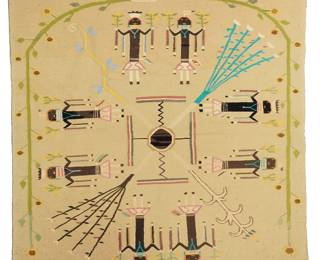 2039 A Navajo sand painting style Yei textile Mid-20th century, Diné Woven in multicolor wool, with Yei figures depicted holding sunflowers, within a sunflower border 63" H x 63" W Estimate: $500 - $800